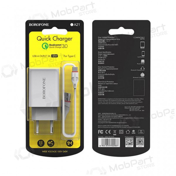 Nabíječka BOROFONE BA21A Long journey QC3.0 USB + Type-C kabel 18W (3.6V-6.5V/3A, 6.6V-9V/2A, 9.1V-12V/1.5A) (bílý)