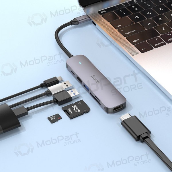 USB-C adaptér Hoco HB28 USB-C na HDMI + USB 3.0 + USB 2.0 + SD + TF + PD šedý