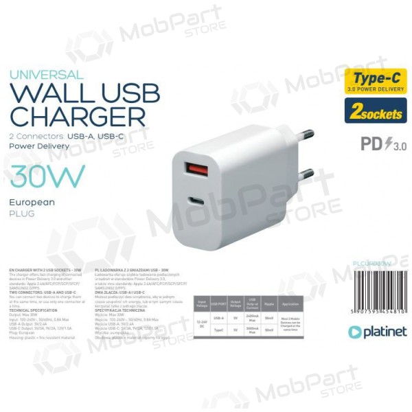 Platinet QuickCharge Type-C+USB 2.4A (30W) nabíječka