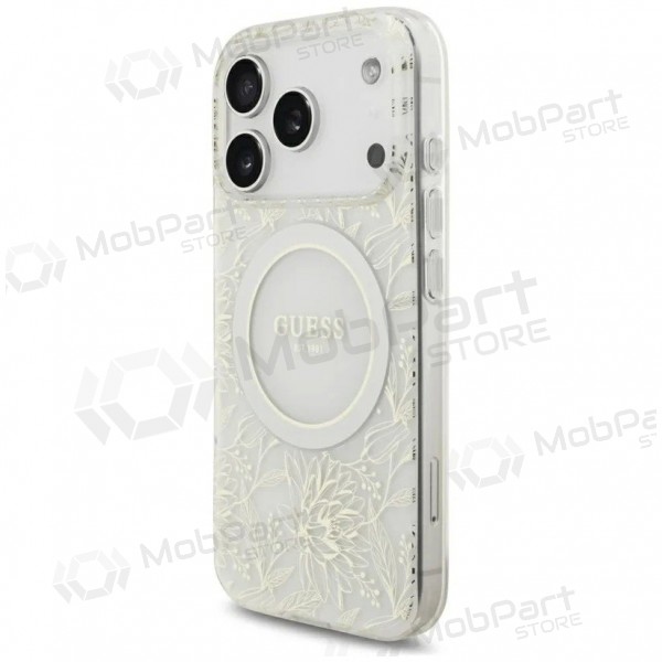 Obal Apple iPhone 18 Pro - Guess IML Flowers Allover Strap MagSafe (bílý)
