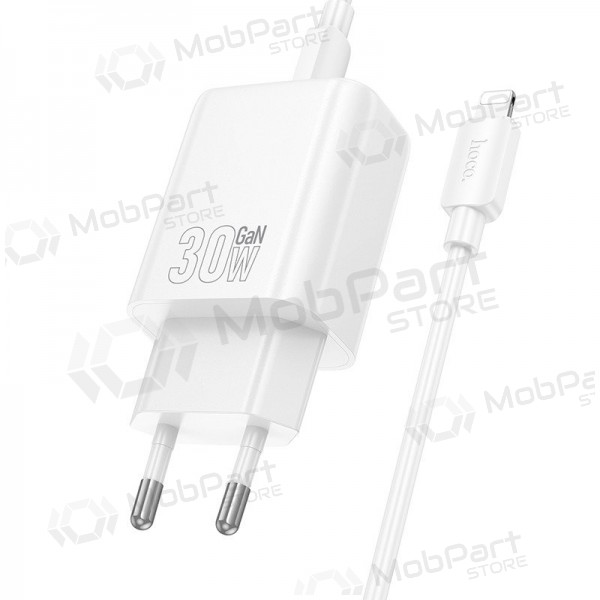 Nabíječka telefonu Hoco N63 30 W GaN USB-C + USB-A s kabelem Lightning 1 m bílá