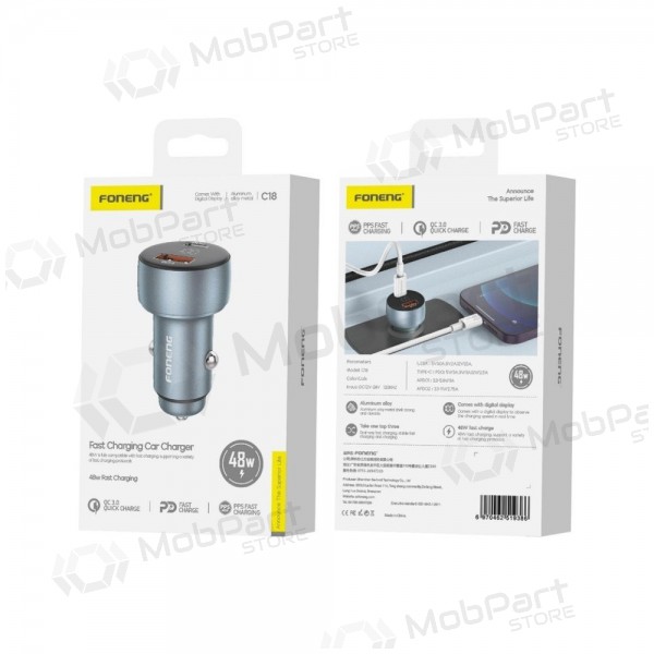 Autonabíječka Foneng C18 48 W USB-C + USB-A šedá
