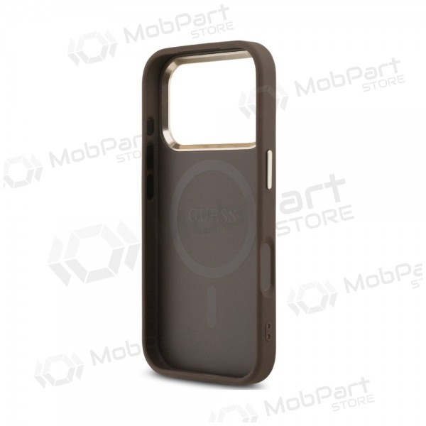 Obal Apple iPhone 18 Pro - Guess PU Leather 4G Strass Triangle Logo Gold Frame MagSafe (hnědý)