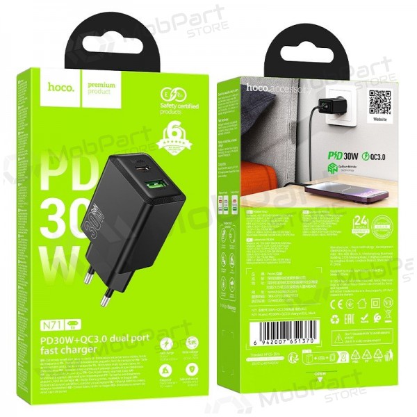 Nabíječka telefonu Hoco N71 30 W GaN USB-C + USB-A černá