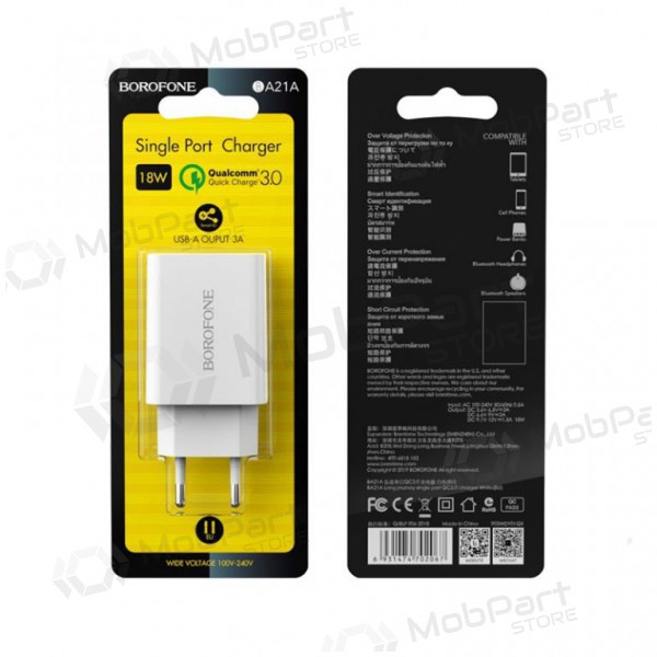 Nabíječka BOROFONE BA21A Long journey QC3.0 USB 18W (3.6V-6.5V/3A, 6.6V-9V/2A, 9.1V-12V/1.5A) (bílý)