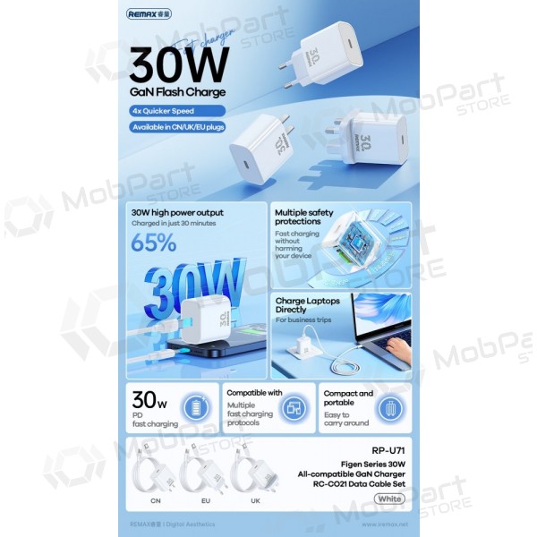 Nabíječka telefonu Remax RP-U71 30 W GaN USB-C s kabelem USB-C 1 m bílá