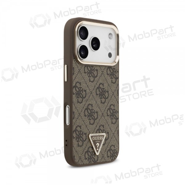 Obal Apple iPhone 18 Pro - Guess PU Leather 4G Strass Triangle Logo Gold Frame MagSafe (hnědý)