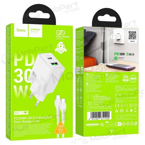 Nabíječka telefonu Hoco N71 30 W GaN USB-C + USB-A s kabelem Lightning 1 m bílá