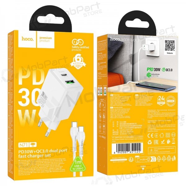 Nabíječka telefonu Hoco N71 30 W GaN USB-C + USB-A s kabelem USB-C 1 m bílá