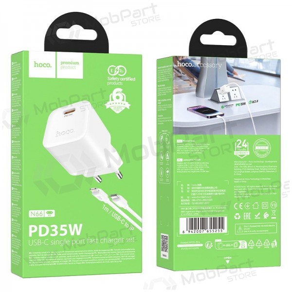 Nabíječka telefonu Hoco N66 35 W GaN USB-C + USB-A s kabelem Lightning 1 m bílá