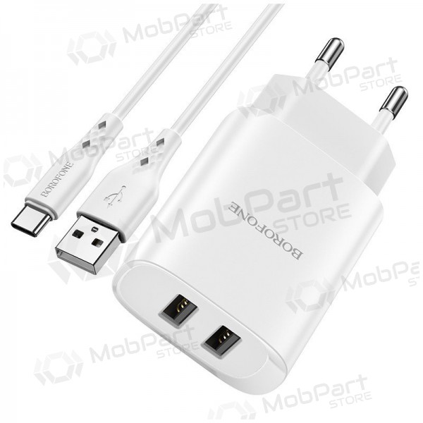 Nabíječka Borofone BN2 2xUSB 2.1A + USB Type-C (bílý)