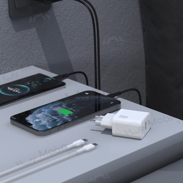 Nabíječka telefonu Dudao A26TC 25 W GaN USB-C + USB-A s kabelem USB-C 1 m bílá