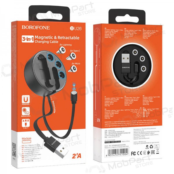 USB kabel Borofone BU26 3in1 microUSB-Lightning-Type-C magnetinic 1.0m (černá)