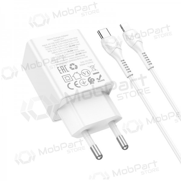 Nabíječka telefonu Hoco N71 30 W GaN USB-C + USB-A s kabelem Lightning 1 m bílá