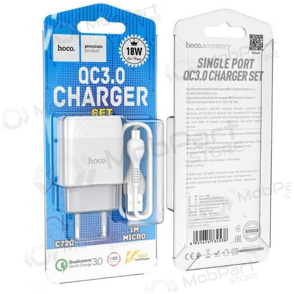 Nabíječka HOCO C72Q Glorious USB + microUSB kabel (QC3.0) (bílý)