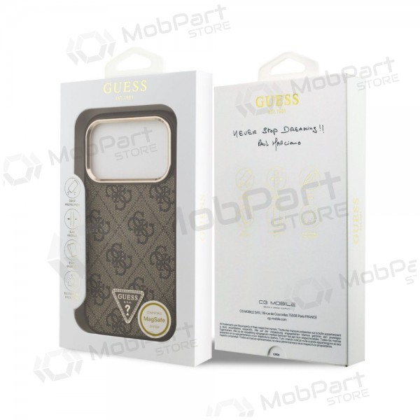 Obal Apple iPhone 18 Pro - Guess PU Leather 4G Strass Triangle Logo Gold Frame MagSafe (hnědý)