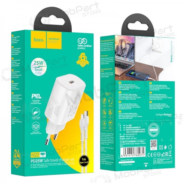 Nabíječka telefonu Hoco N22 25 W USB-C s kabelem Lightning 1 m bílá