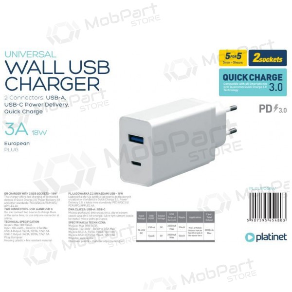 Platinet QuickCharge Type-C+USB 3.0A (18W) nabíječka