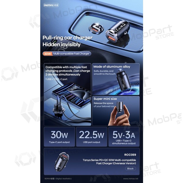 Nabíječka do auta Remax RCC359 30 W USB-C + USB-A černá