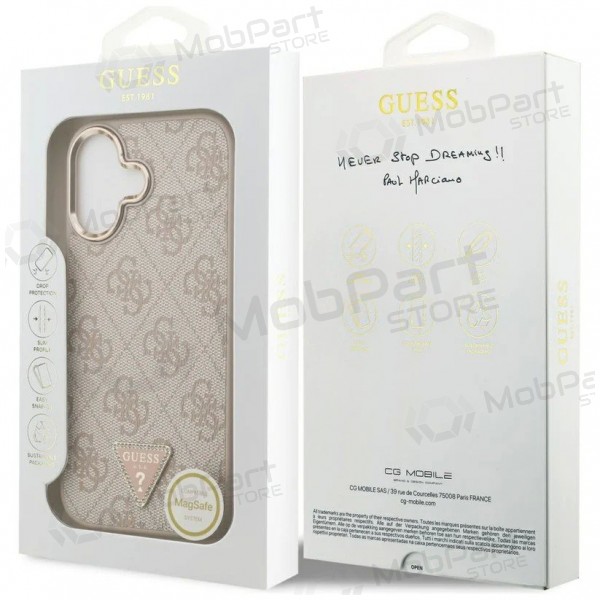 Apple iPhone 17 obal - Guess PU Leather 4G Strass Triangle Logo Gold Frame MagSafe (růžový)