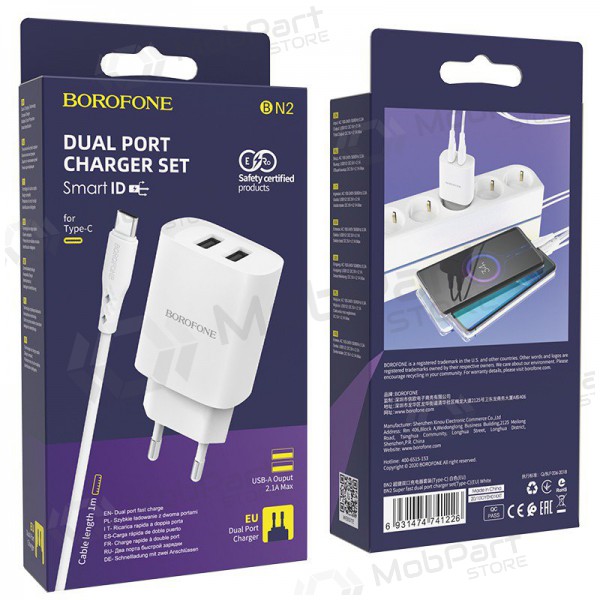 Nabíječka Borofone BN2 2xUSB 2.1A + USB Type-C (bílý)