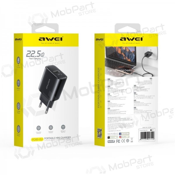 Nabíječka telefonu Awei PD85T-EU 22.5 W USB-C + USB-A s kabelem USB-C 1 m černá