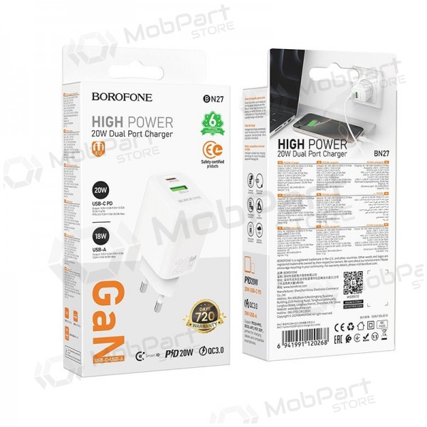Nabíječka Borofone BN27 20W USB-C/USB-A bílý