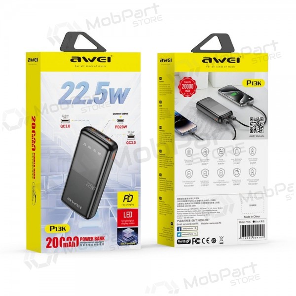 Externí baterie Power Bank Awei P13K PD20W/QC22.5W 20000mAh černá