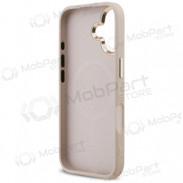 Apple iPhone 17 obal - Guess PU Leather 4G Strass Triangle Logo Gold Frame MagSafe (růžový)