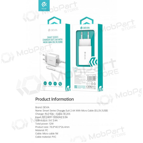 Nabíječka Devia Smart x 2 USB (2.4A) + MicroUSB, (bílý)