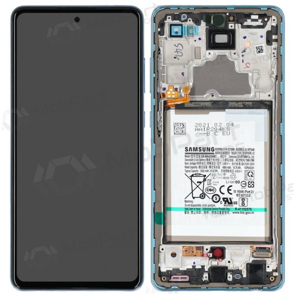 Ekranas Samsung A725/A726 A72 4G/5G 2021 su lietimui jautriu stikliuku a rėmeliu a baterie Awesome Blue originál (service pack)
