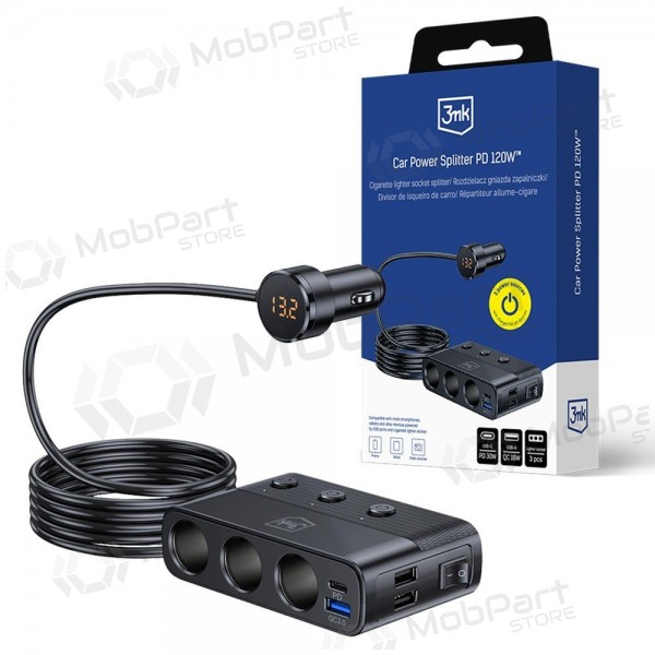 Automobilová nabíječka 3mk Car Power Splitter 120 W 3xUSB-A + USB-C 12V černá