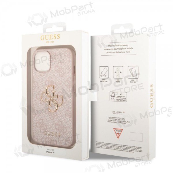 Apple iPhone 14 obal - Guess PU 4G Metal Logo (růžový)