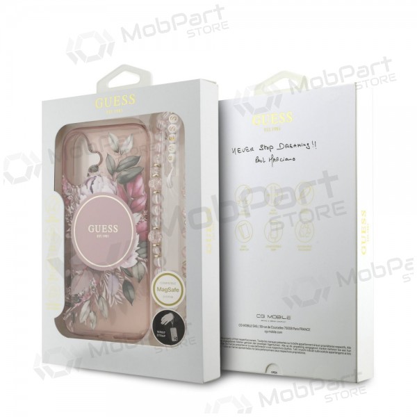 Apple iPhone 17 obal - Guess IML Flowers Strap MagSafe (růžový)