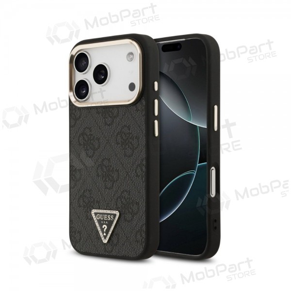 Apple iPhone 18 Pro Max obal - Guess PU Leather 4G Strass Triangle Logo Gold Frame MagSafe (černý)