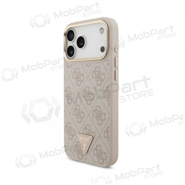 Obal pro Apple iPhone 18 Pro - Guess PU Leather 4G Strass Triangle Logo Gold Frame MagSafe (růžový)