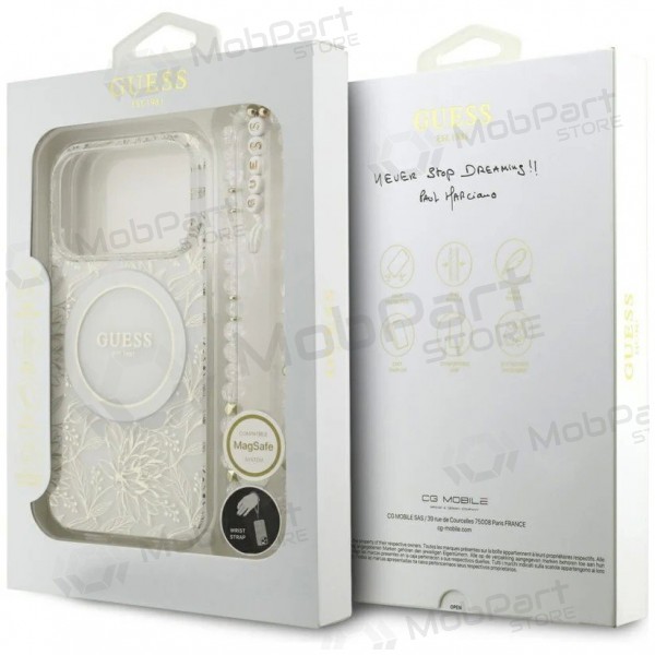 Obal Apple iPhone 18 Pro - Guess IML Flowers Allover Strap MagSafe (bílý)